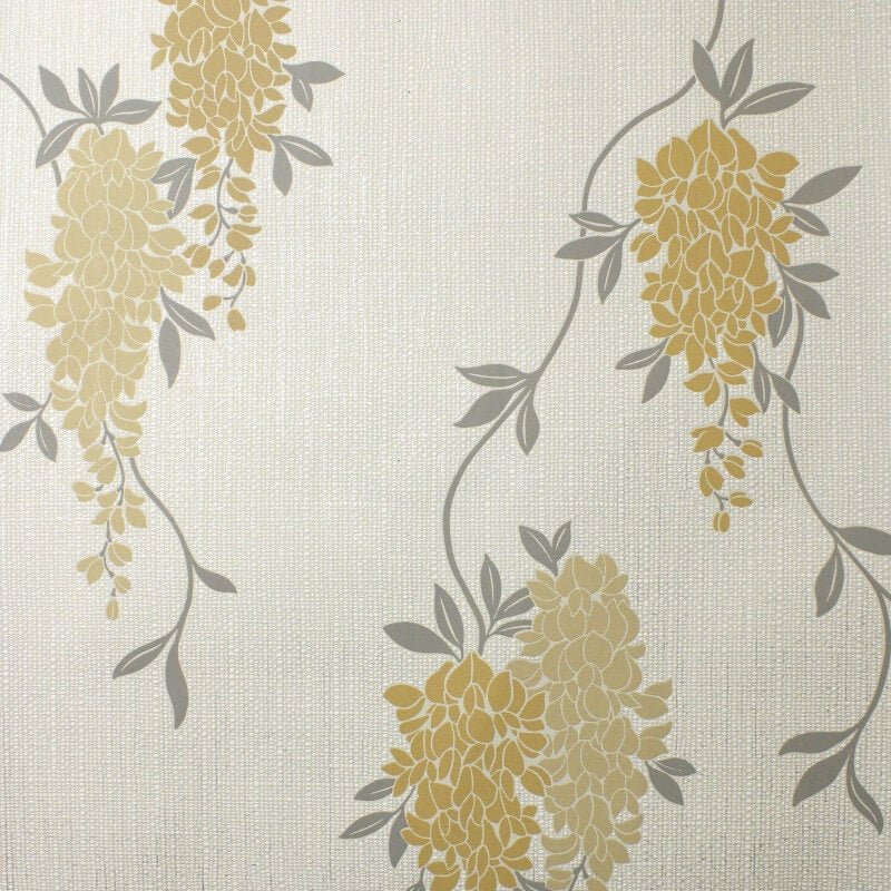 Wisteria Floral Metallic Wallpaper - Ochre - Fine Décor - FD43672 - Premier Wallcovering