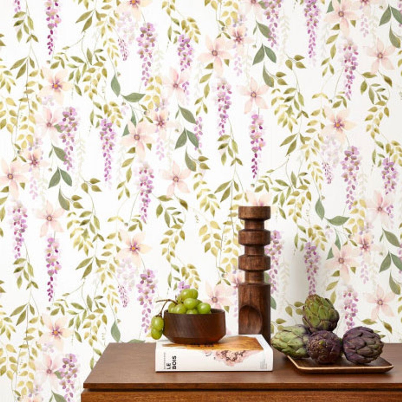 Wisteria Soliflore Wallpaper - Parme / Vert Mousse - Casadeco - 200305202 - Premier Wallcovering