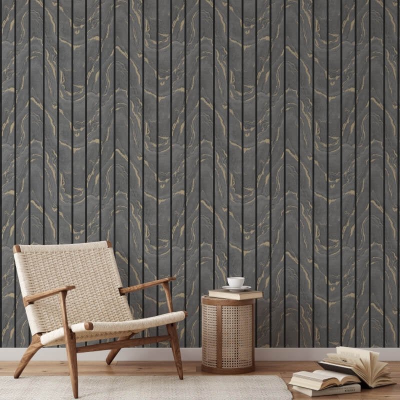 Woodgrain Panel Metallic Wallpaper - Charcoal/Gold - Muriva - 193503 - Premier Wallcovering