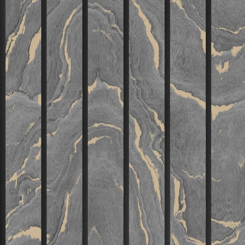 Woodgrain Panel Metallic Wallpaper - Charcoal/Gold - Muriva - 193503 - Premier Wallcovering