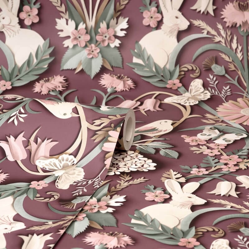 Woodland 3D Effect Wallpaper - Plum - Fine Décor - FD42949 - Premier Wallcovering