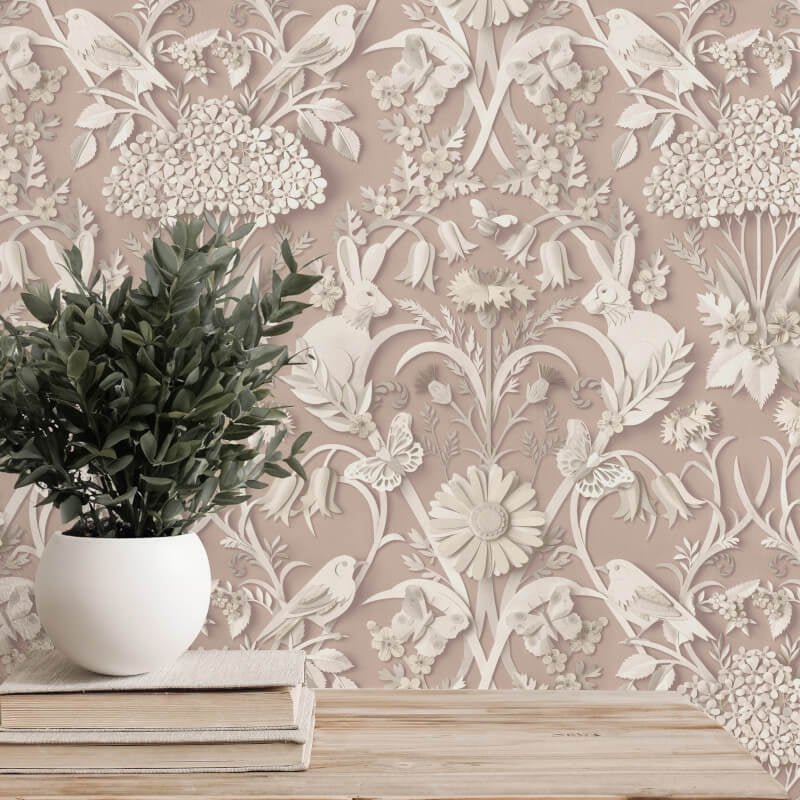 Woodland 3D Effect Wallpaper - Pink - Fine Décor - FD43607 - Premier Wallcovering