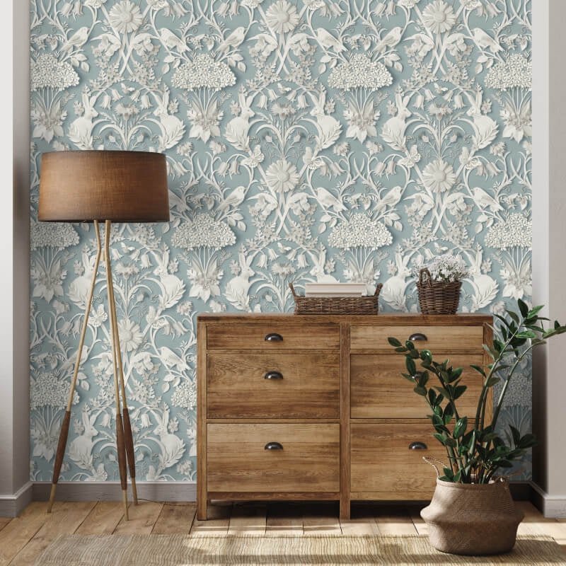 Woodland 3D Effect Wallpaper - Blue - Fine Décor - FD43605 - Premier Wallcovering