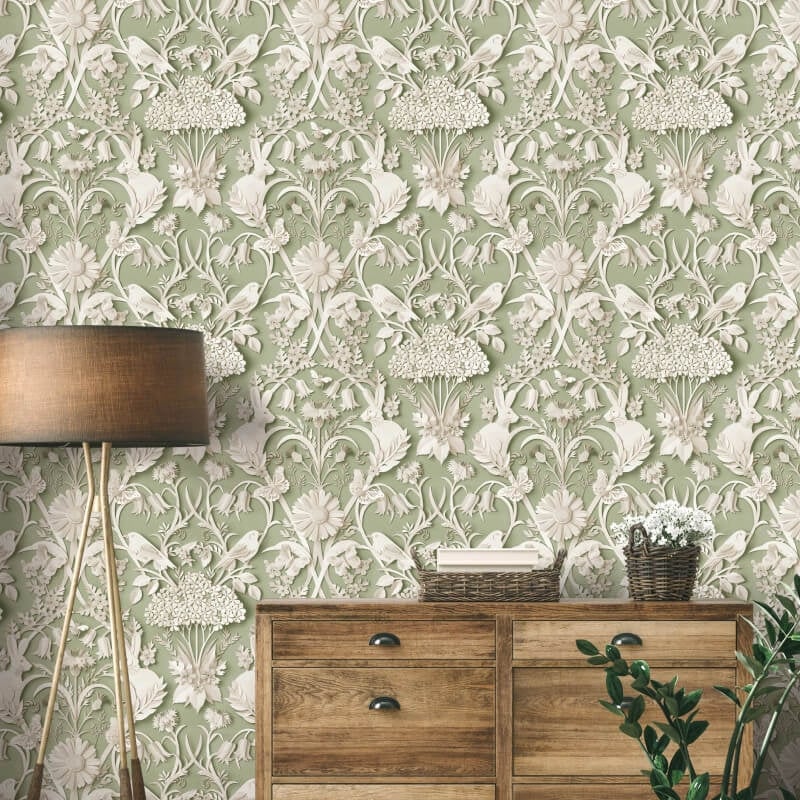 Woodland 3D Effect Wallpaper - Sage - Fine Décor - FD42951 - Premier Wallcovering