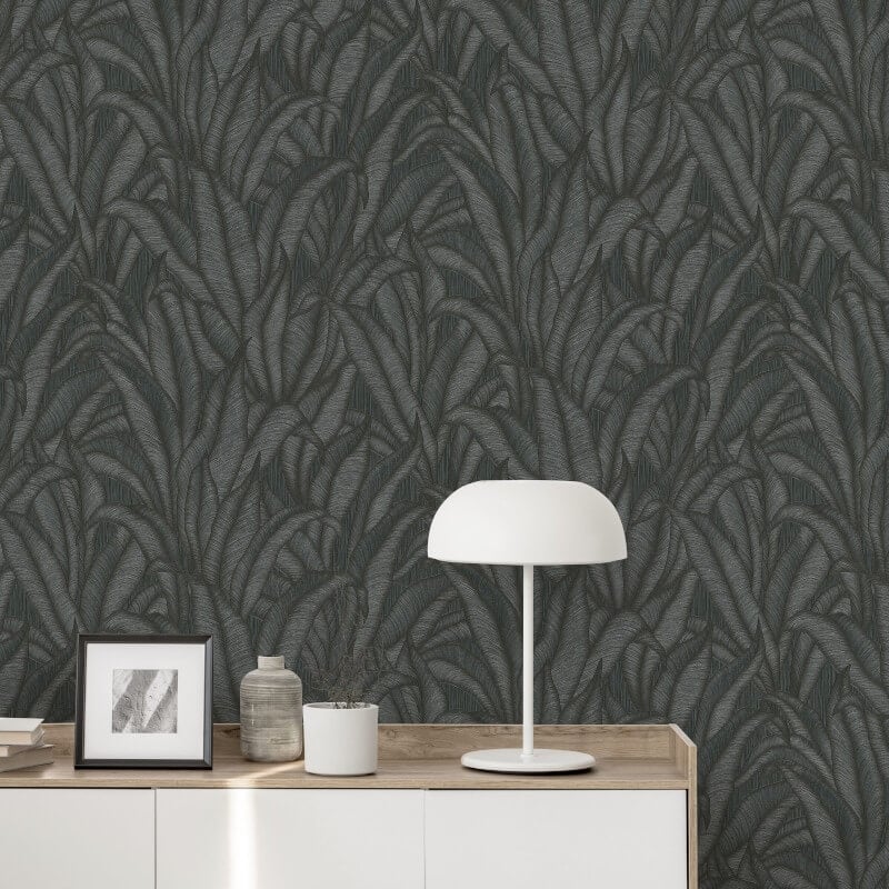Zanzibar Leaf Metallic Wallpaper - Black - Erismann - 10371 - 15 - Premier Wallcovering